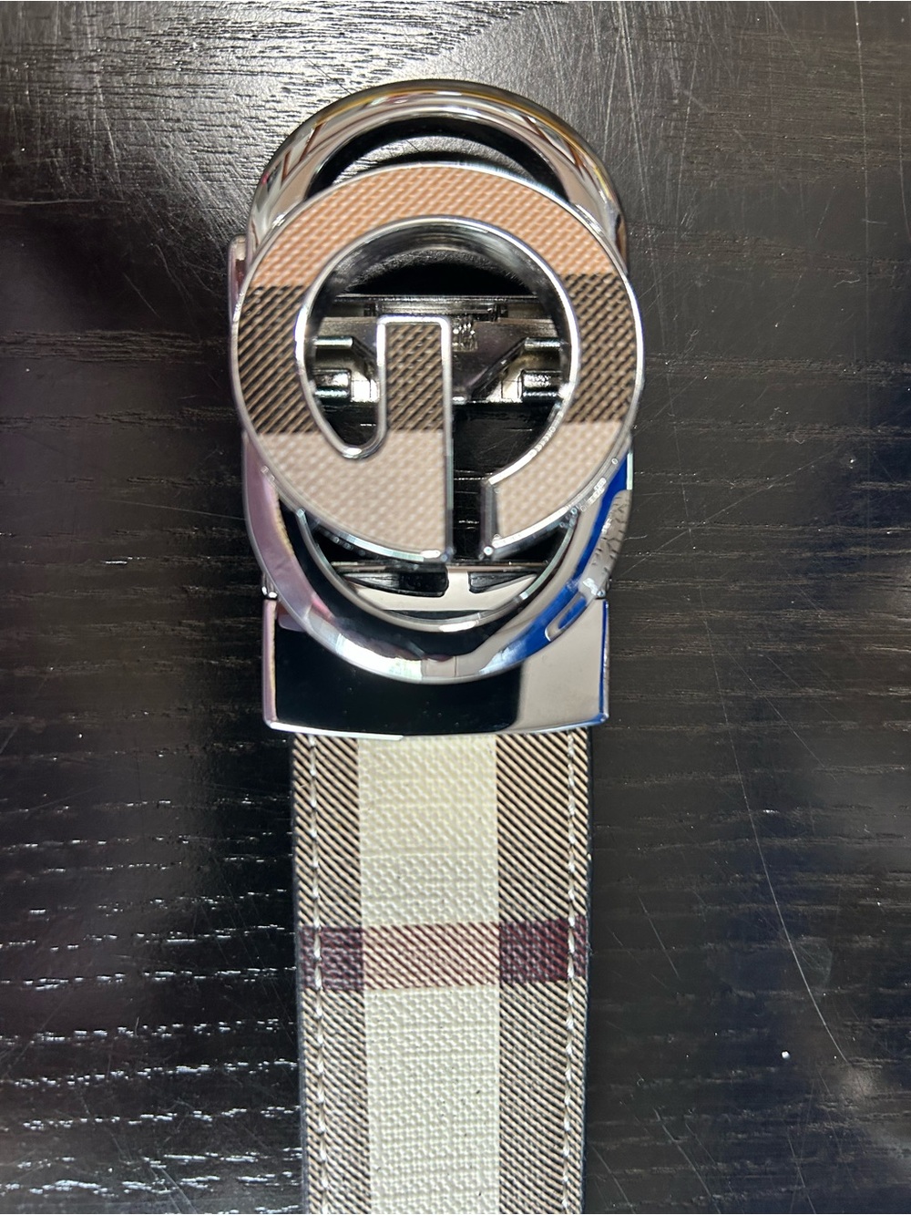 Designer Inspired -Black & White Check Signature G Buckle Belt-